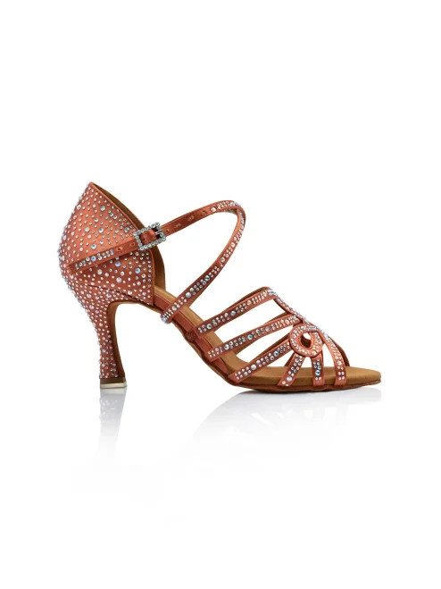 Dancing shoes Dark flesh satin with aurora borealis mix crystal strass, Six Strap heel 7.5cm